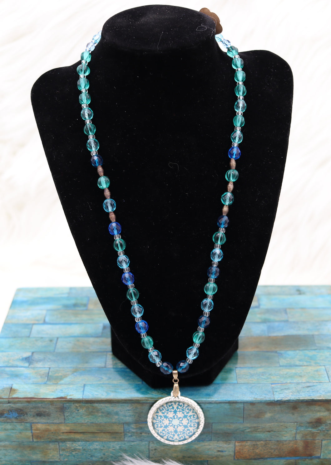 Handmade Blue Beaded Mandala Pendant Necklace