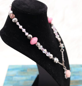Handmade Pink And Silver Beaded Rose Pendant Necklace