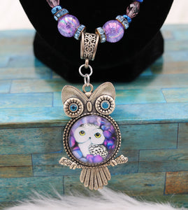 Handmade Purple And Blue Beaded Owl Pendant Necklace