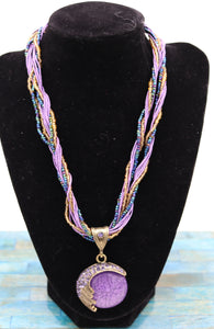 Handmade Purple String Beaded Stone Pendant Necklace