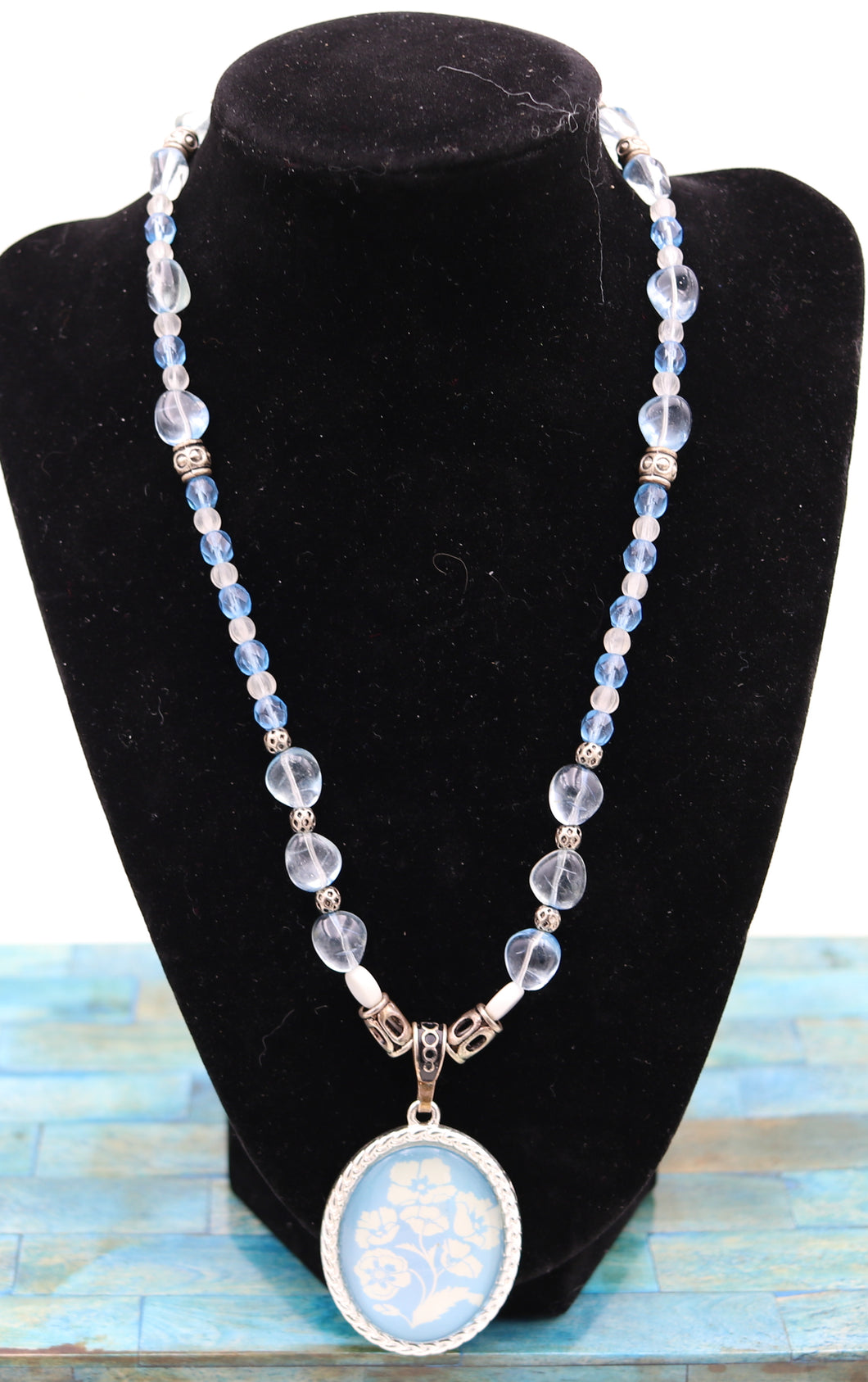 Handmade Blue And White Beaded Floral Pendant Necklace