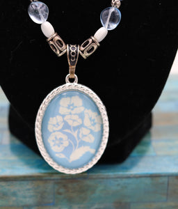 Handmade Blue And White Beaded Floral Pendant Necklace