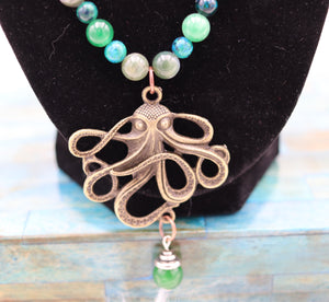 Handmade Green Blue Beaded Octopus Pendant Necklace