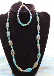 Handmade Blue Green Marble Beaded Necklace Bracelet Set