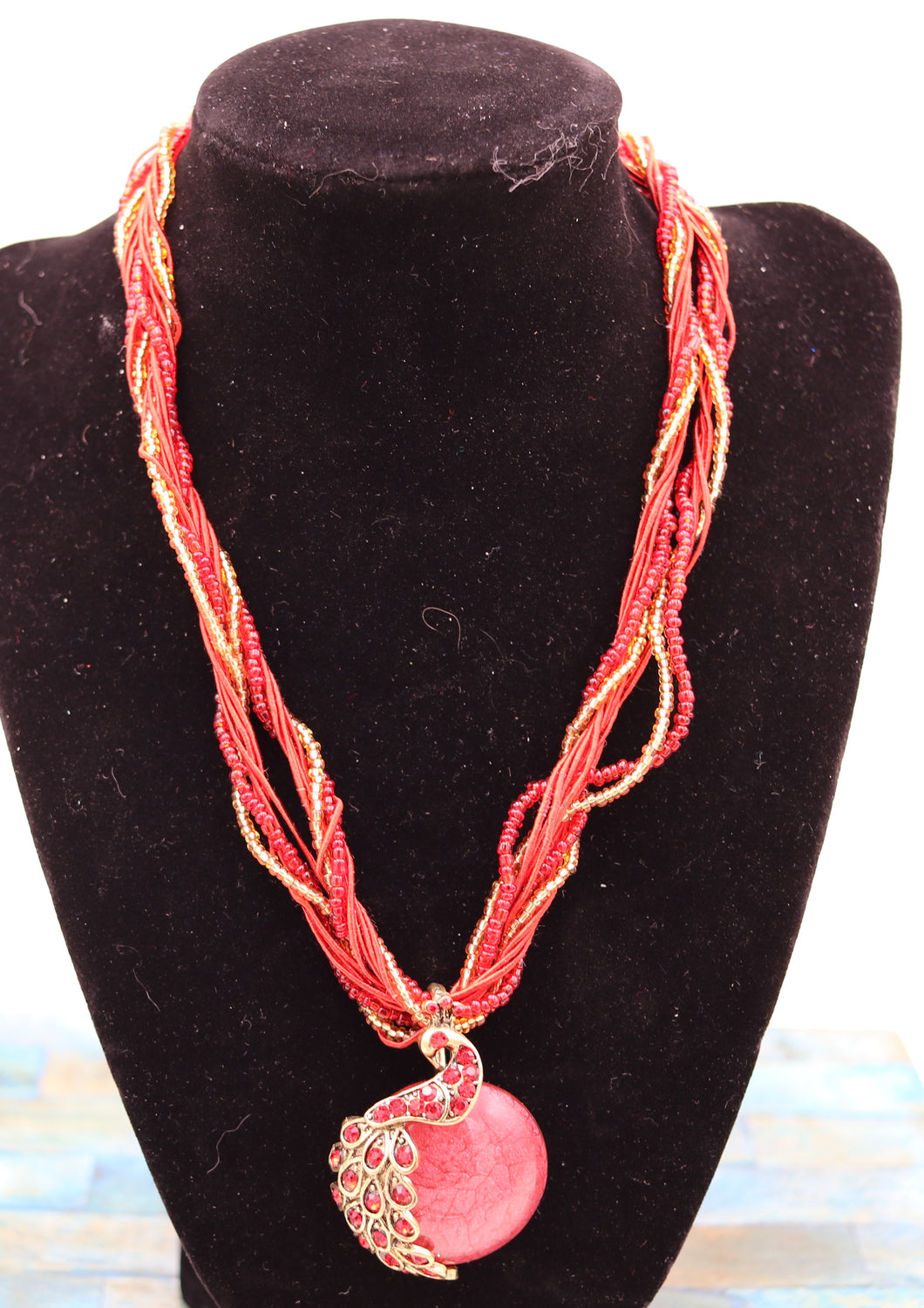 Handmade Red String Beaded Flamingo Pendant Necklace