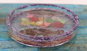 Custom Purple Glitter Floral Circle Resin Coaster