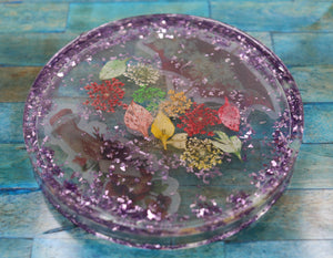 Custom Purple Glitter Floral Circle Resin Coaster