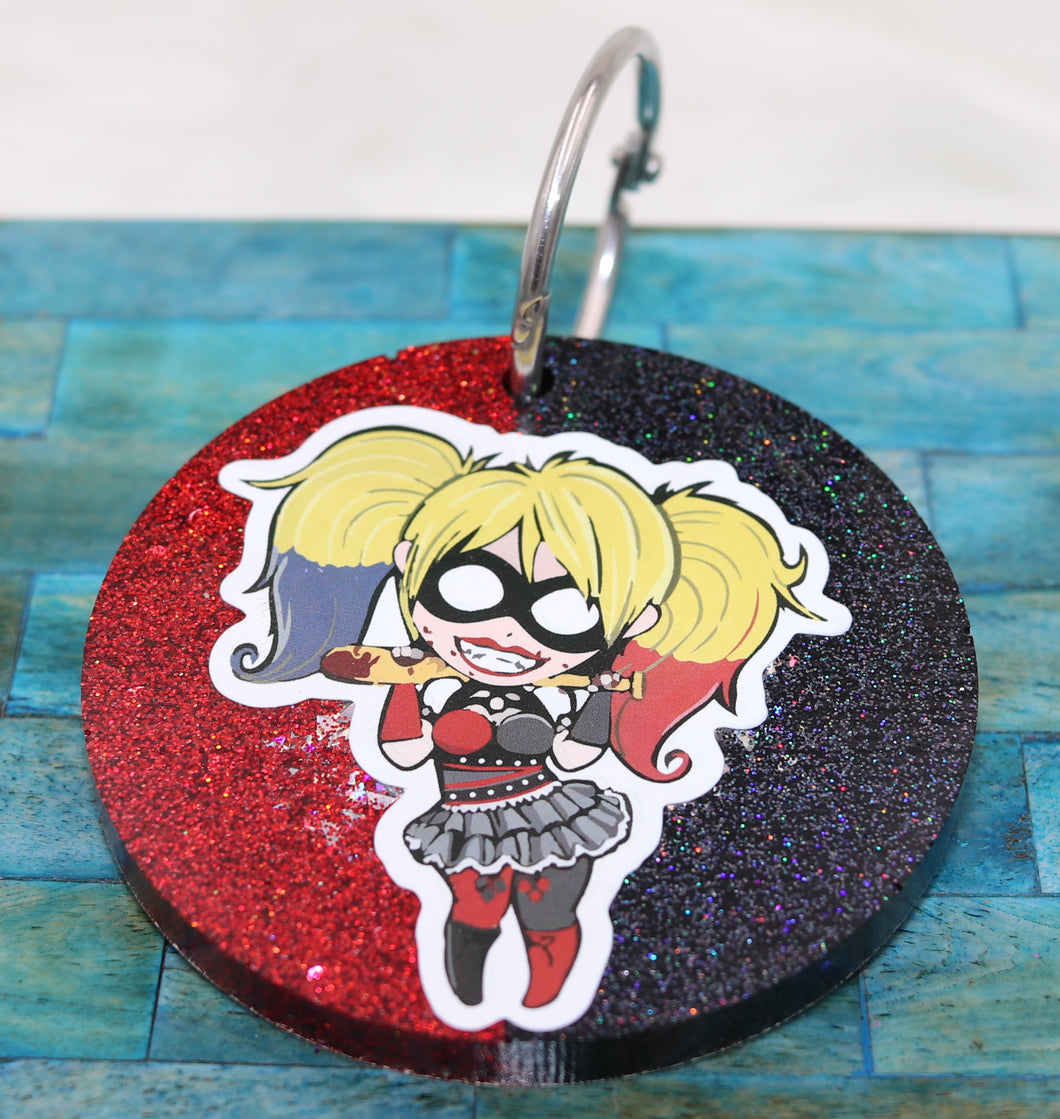 Custom Red And Black Glitter Harley Quinn Resin Keychain