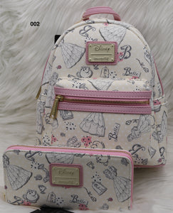 Loungefly Disney Beauty And The Beast Belle Pink Allover Backpack Wallet Bag Set